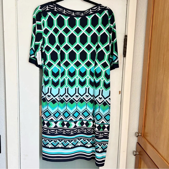 NWT Signature Camryn Dress Geometric Turquoise Navy Green Sheath Petite Size 14P - Picture 7 of 16
